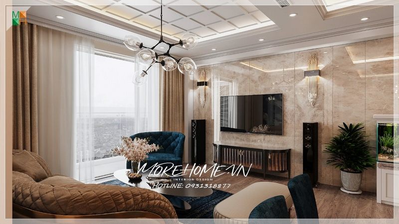 Kệ tủ tivi gỗ óc chó mặt đá trắng đương đại điểm nhấn tô điểm diện tích không gian phòng khách sang trọng tính thẩm mỹ cao.